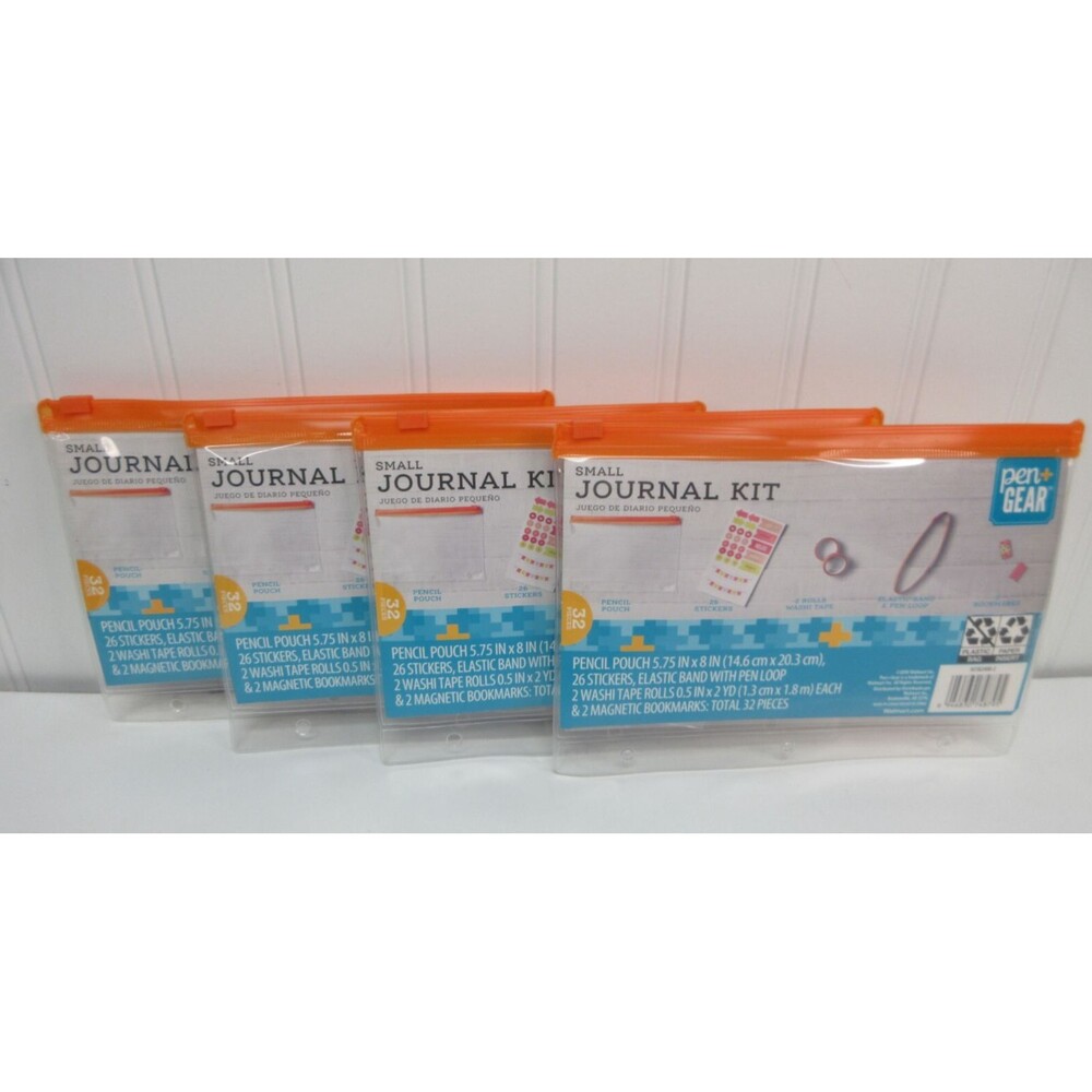 Lot of 4 Small Journal Kit Orange Pencil Pouch 32pc Stickers Washi Tape Bookmark
